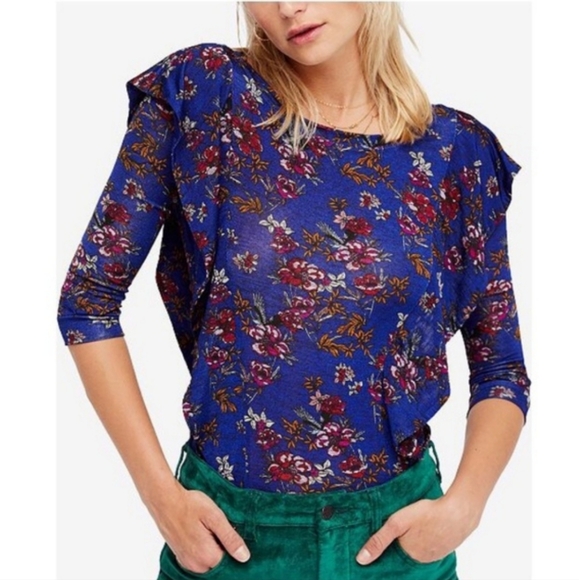 Free People Dock Street Blue Floral Ruffled Top Women's Size Medium M - Picture 3 of 11